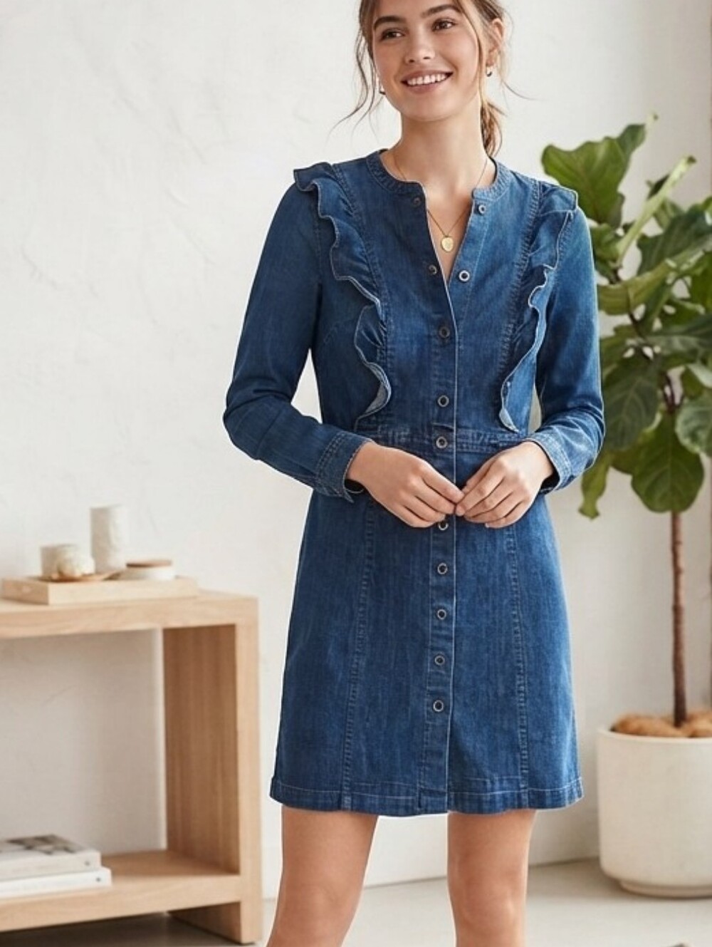 madewell denim button front dress | Dresses | Madewell Rufflefront Long Sleeve Stretch Color:PETROL exclude-recs Vintage 1930's Blush Bias Front sleeveless Eyelet embroidery adds instant